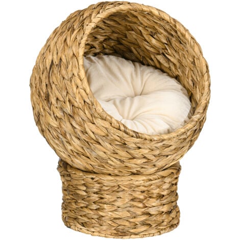 PawHut Rattan Katzenkorb Katzenhöhle Katzenhütte Katzenbett mit Kissen Haustierbett Wasserhyazinthe Braun 42 x 33 x 52 cm