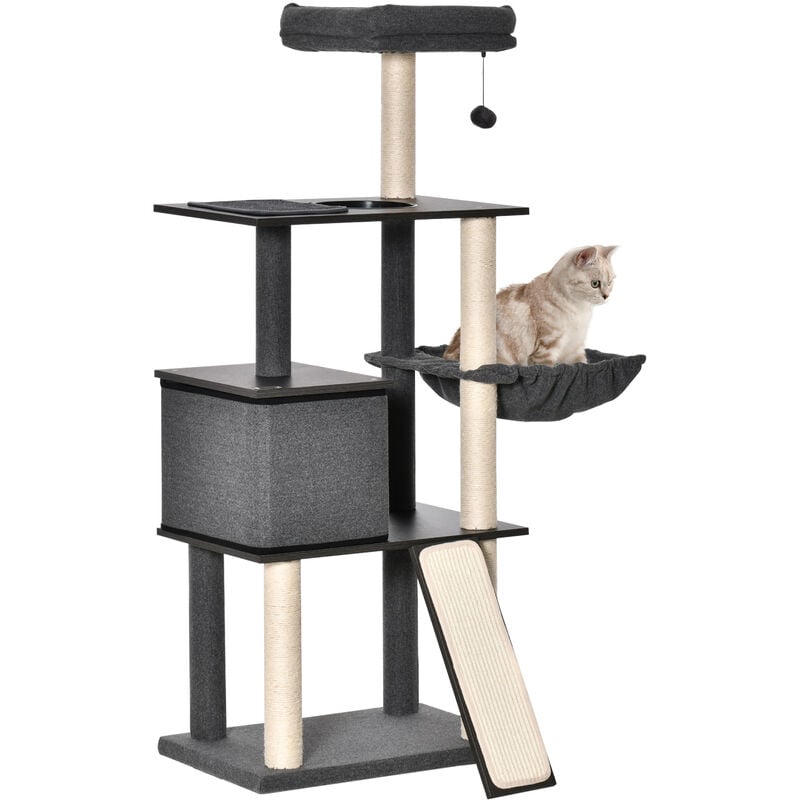 

Pawhut - Árbol para Gatos con Plataformas Cueva de Fieltro Extraíble Postes Rascadores de Sisal Hamaca Cojines Lavables Rampa y Bola de Juguete