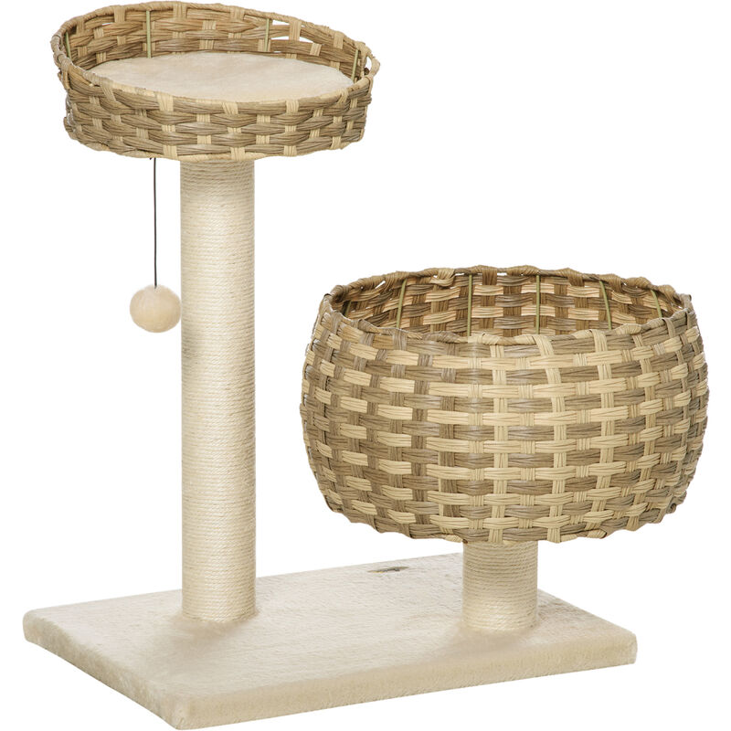 

Pawhut - Árbol para Gatos Mediano con Cama Superior Cesta de Mimbre con Cojines Postes Rascadores de Sisal Natural y Bola Colgante de Juguete