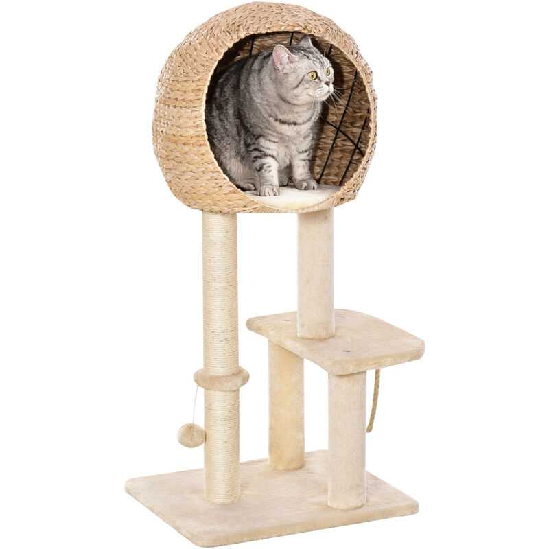 

Pawhut - Árbol Rascador de Gatos Caseta Bola y Cuerda de Juego Poste de Sisal 48x40x100cm - Beige