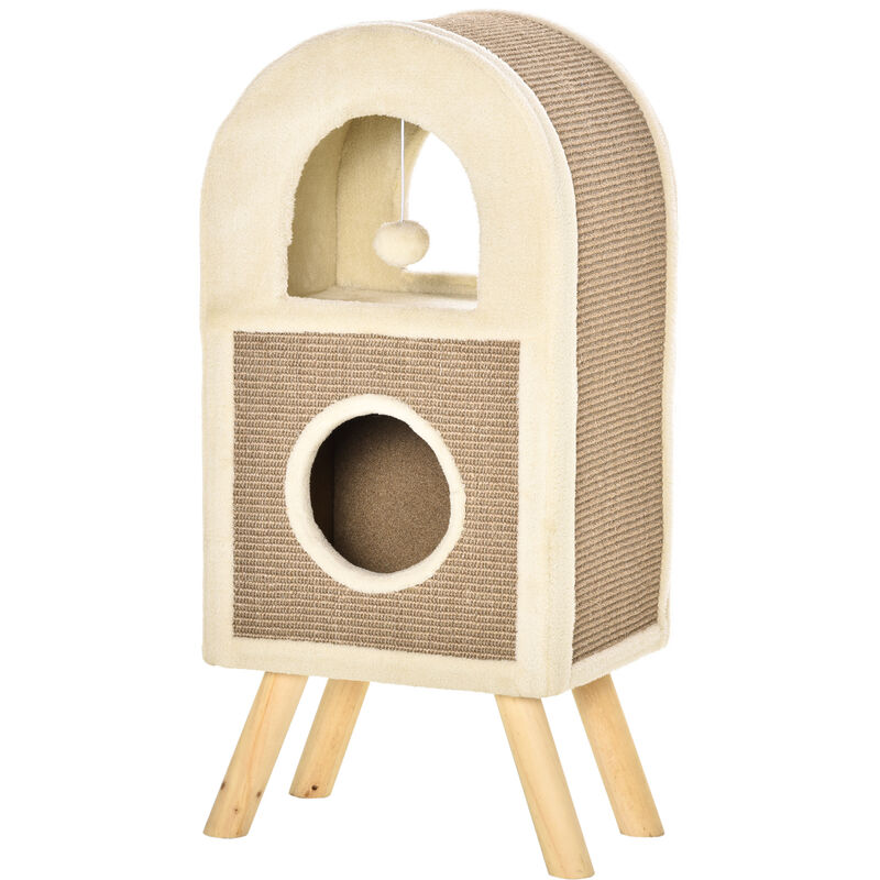 

Árbol Rascador para Gatos de 2 Niveles con Cueva de Sisal Natural y Felpa Puerta Arqueada Bola de Juguete y 4 Patas Elevadas de Madera 40x34x91 cm