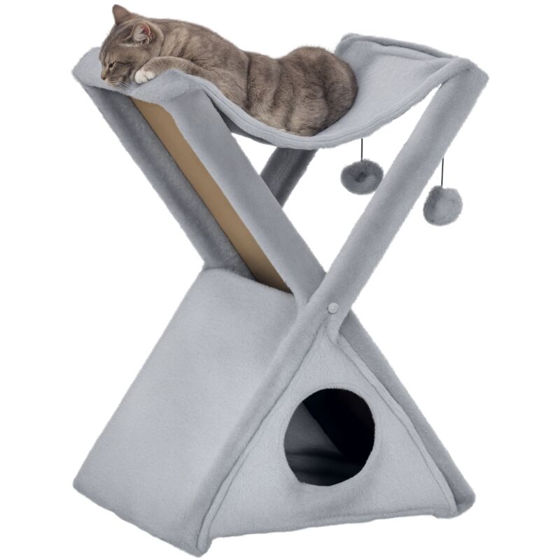 

Pawhut - Árbol Rascador para Gatos Plegable con Cueva Hamaca Alfombrilla Rascadora Bolas Colgantes para Espacios Reducidos Juego Descanso