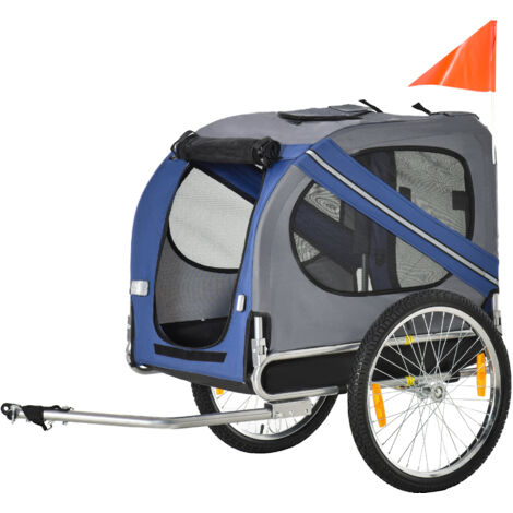 PawHut Remorque vélo pour chien animaux 8 réflecteurs drapeau barre attelage inclus acier polyester imperméable max. 30 Kg 130L x 73l x 90H cm bleu