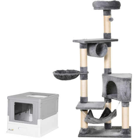 PawHut Set 2 Pezzi con Tiragraffi per Gattini e Lettiera Chiusa Bianco e Grigio