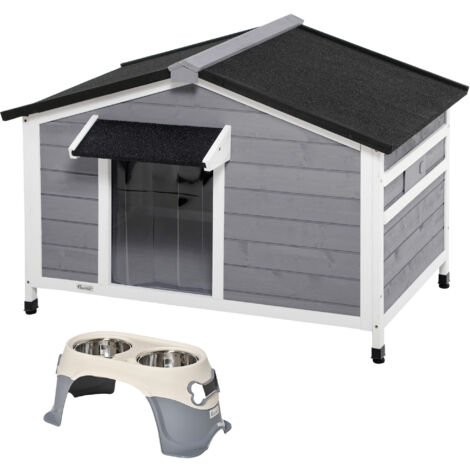 PawHut Set Cuccia per Cani in Legno e 2 Ciotole Rialzate in Acciaio e Plastica