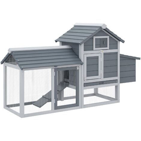 PawHut Small Chicken Coop with Run Hen House Poultry Coops Nesting Box Wood Grey