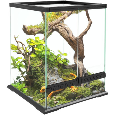 PawHut Terrarium für Reptilien Reptil Fütterungsbox mit Anti-Flucht-Design, Belüftung 120L Glasterrarium mit Kabelmanagement für Amphibien Spinne Metall Schwarz 45 x 45 x 60 cm