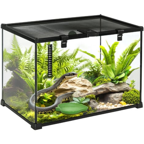 PawHut Terrarium für Reptilien Reptile Fütterungsbox Glasterrarium Amphibien Spinnentiere mit Thermometer Reptilienzuchtbox Metall Schwarz 50 x 30 x 35 cm