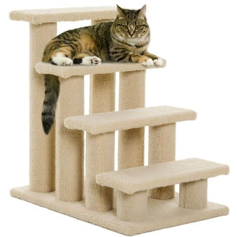 PawHut Tiertreppe Katzentreppe Hundetreppe Treppe für Katze und Hunde 4 Stufen Beige 63,5x43x60cm - Beige