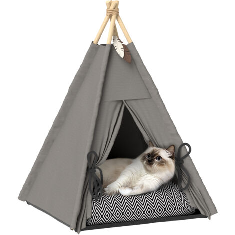 PawHut Tipi Zelt für Haustiere, Katzenzelt mit abnehmbar und waschbar Kissen, Katzenhaus mit rutschfestem Boden, Spielball, für Katzen unter 5kg, Mini Hunde, 60 x 60 x 76 cm, Grau