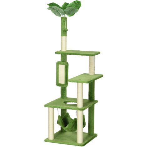 PawHut Tiragraffi per Gatti con Amaca, Pallina e Pali in Sisal Alto 142cm Verde