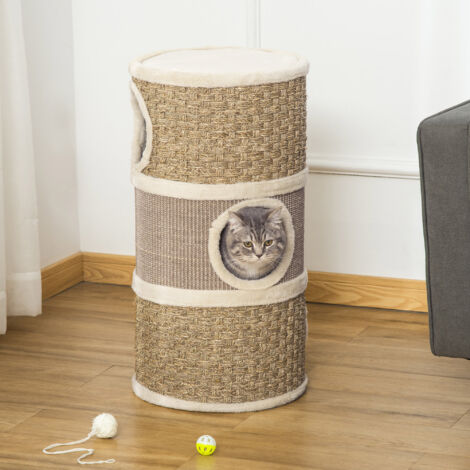 PawHut Tonneau à gratter pour chat arbre à chat sisal naturel et herbiers marins recouvert de peluche 37.5 x 37.5 x 70 cm kaki et café