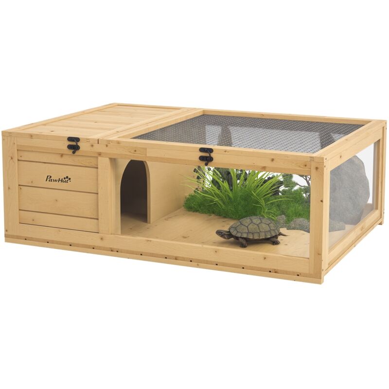 Pawhut - Tortoise House w/ Mesh Roof, Small Pet Reptile Wooden House - Yellow