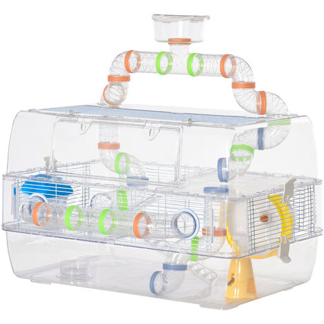 main image of "PawHut Transparent Hamster Cage w/ Longline Tunnel Tube Water Bottle Food Dish"