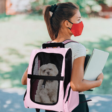 PawHut Transportín 2 en 1 para Mascotas Mochila o Carrito de Viaje para Perro y Gato con 2 Ruedas con Asa retráctil de Aluminio y Bolsillos 42x25x55 cm Rosa
