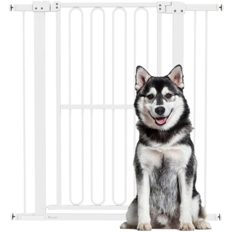 PawHut Treppenschutzgitter Türschutzgitter Absperrgitter ohne Bohren 76-104 cm Schutzgitter aus Stahl für Hunde, Haustiere Treppen, Tür, Weiß
