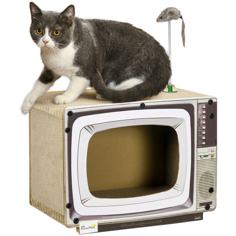 TV-Shaped Cat House, Cardboard with Scratcher Catnip Toy Mouse - Pawhut