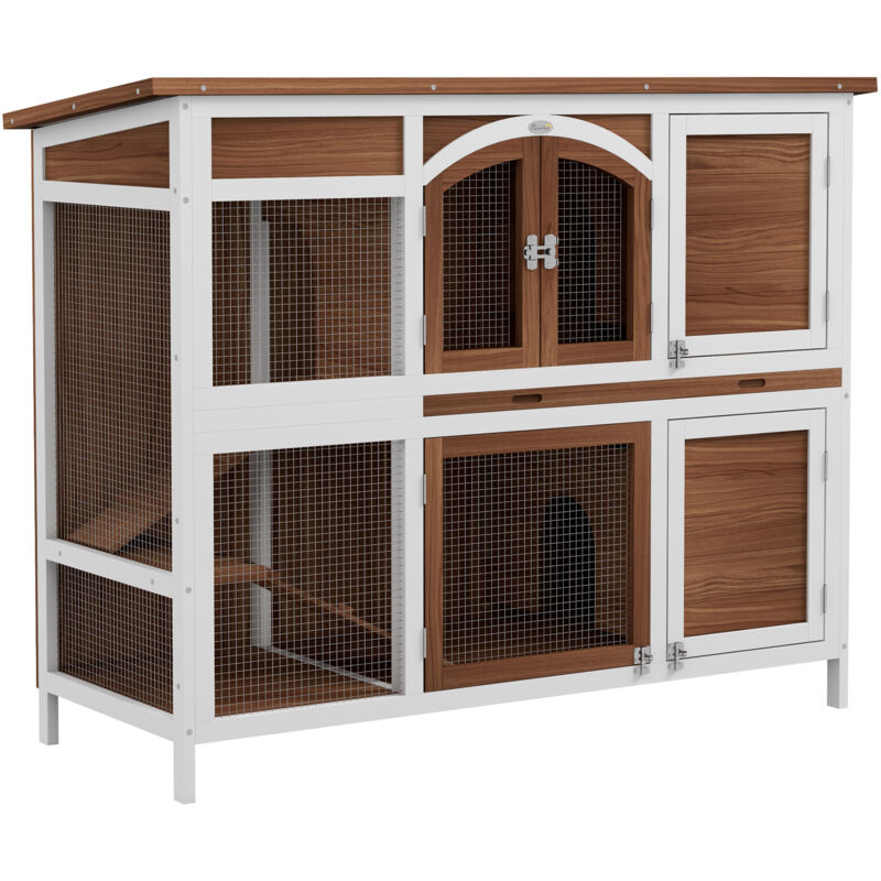Pawhut - Two-Tier Wooden Rabbit Hutch w/ Openable Roof, Slide-Out Tray, Ramp Brown
