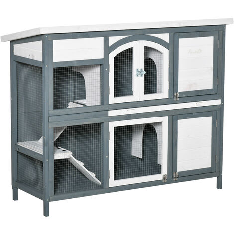 PawHut Two-Tier Wooden Rabbit Hutch w/ Openable Roof, Slide-Out Tray, Ramp - Grey