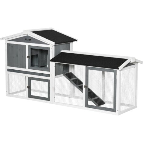 PawHut Two-Tier Wooden Rabbit Hutch w/ Run Box, Slide-Out Tray, Ramp - White