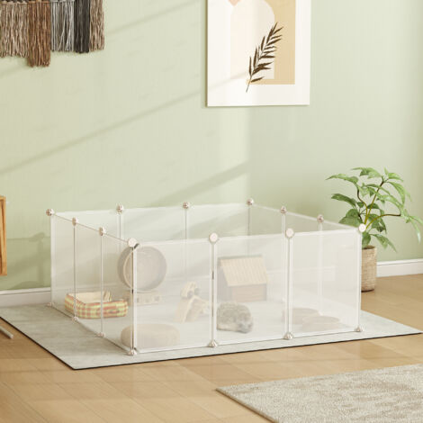 PawHut Valla para Mascotas, Jaula Modular, Recinto Interior de Plástico Transparente con 12 Paneles, 24 Conectores, para Cobayas, 105x105x45 cm, Blanco