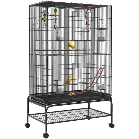 PawHut Vogelkäfig Groß Vogelvoliere mit Sitzstangen, Rollen, Bodenwanne, Metall Vogelhaus mit 2 Türen, Vogelspielzeug, Vogelbauer Wellensittichkäfig Käfig für Vögel, 97 x 58 x 160 cm