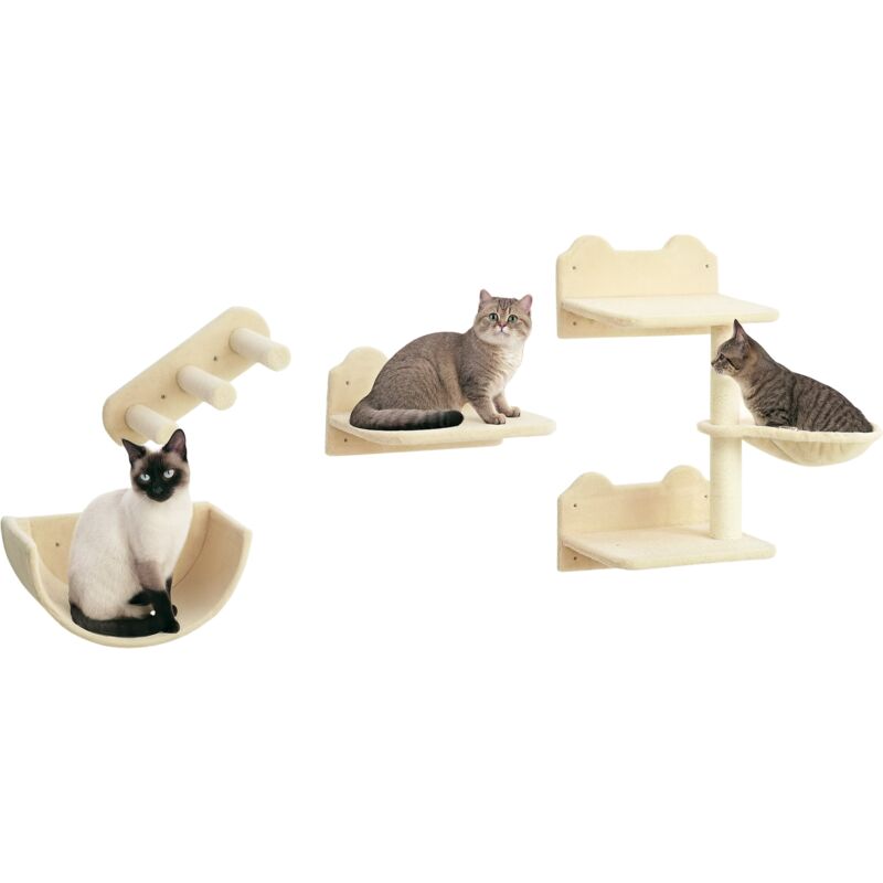 Pawhut - 4pcs Wall Mounted Cat Tree Cat Wall Shelves Climbing Shelf Scratch Post Beige