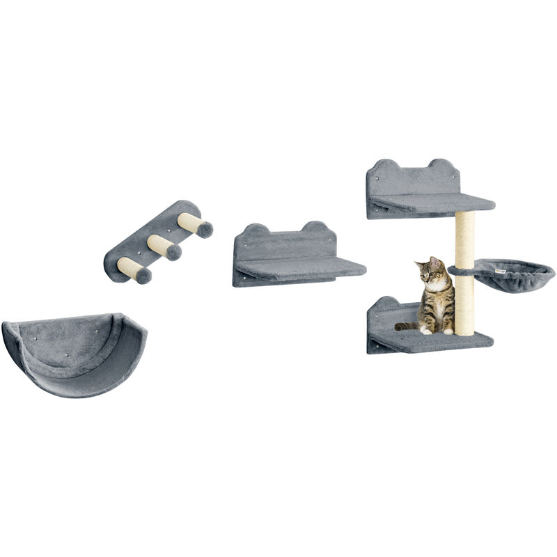 Pawhut - 4PCs Wall Mounted Cat Tree Cat Wall Shelves Climbing Shelf Scratch Post Grey