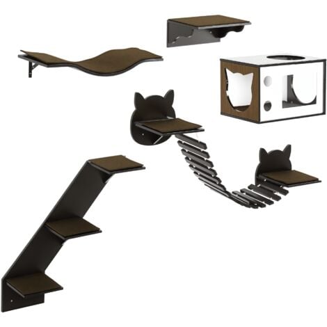 PawHut Wall-Mounted Cat Tree, 5 Piece Cat Wall Shelves with House, Brown