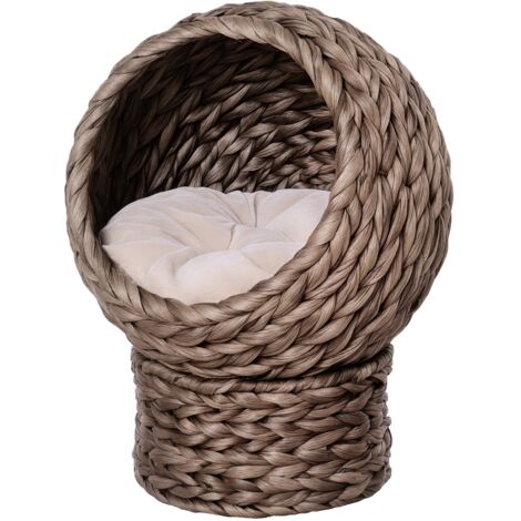 PawHut Wicker Cat House, Raised Cat Bed with Cushion Dark Brown