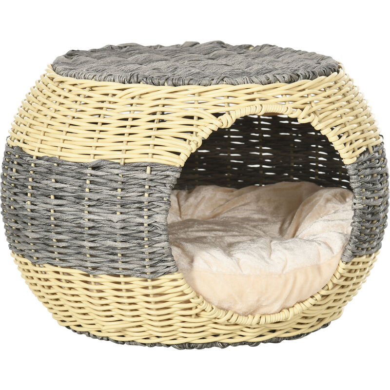 PawHut Wicker Cat House, Rattan Raised Cat Bed w/ Soft Cushion, Φ40 x 30cm