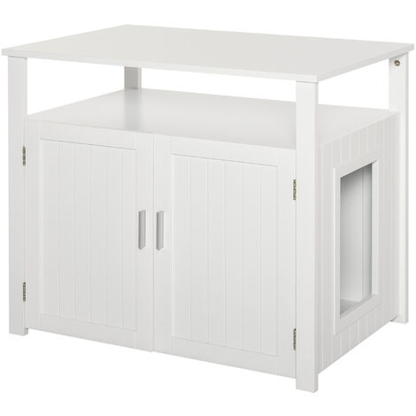 PawHut Wood Cat Litter Box Enclosure Furniture w/ Adjustable Interior Wall White