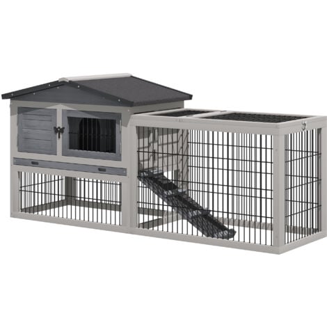 PawHut Wood Rabbit House Hutch w/ Outdoor Run Secure Opening Roof Light Grey