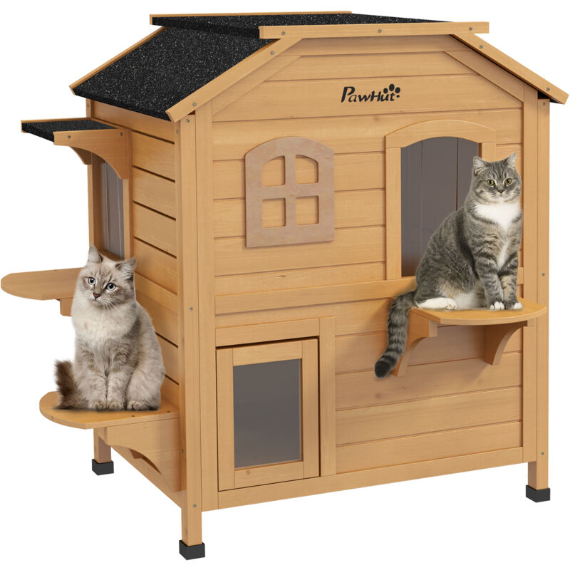 Pawhut - Wooden Cat House Condos Cat Cave Pet Shelter 2 Floor Villa Outdoor Natural