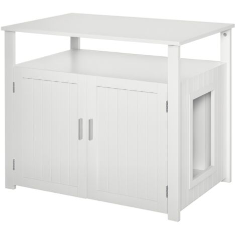 PawHut Wooden Cat Litter Box Enclosure Furniture with Adjustable Interior Wall & Large Tabletop for Nightstand, White