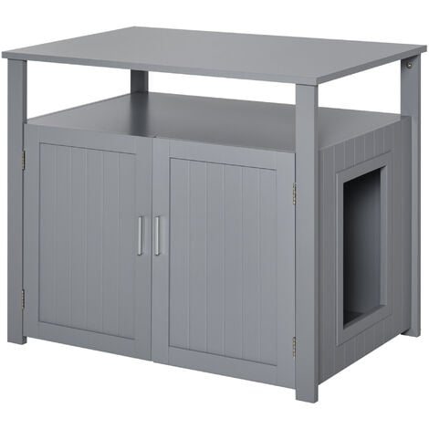 PawHut Wooden Cat Litter Box Enclosure Furniture with Tabletop for Nightstand Grey