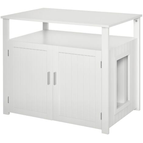 PawHut Wooden Cat Litter Box Enclosure Furniture with Tabletop for Nightstand White