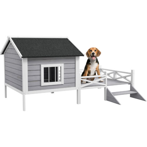 PawHut Wooden Dog House w/ Porch, Water-resistant Roof, for S M Dogs, Grey