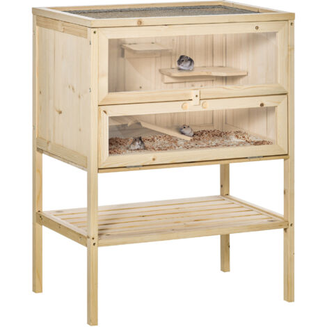 PawHut Wooden Hamster Cage with Storage Shelf, Small Animal Exercise Play House with Openable Top, Ramp for Gerbils, Drawf Hamsters, 60 x 40 x 80 cm - Natural