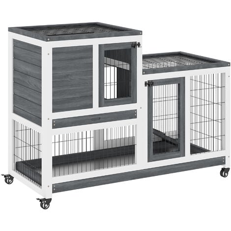 PawHut Wooden Indoor Rabbit Hutch Elevated Bunny Cage with Enclosed Run W/Wheel