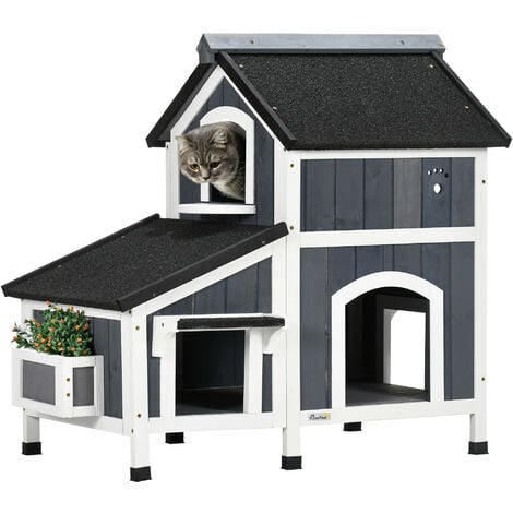 PawHut Wooden Outdoor Cat House w/ Flower Pot, Windows, Multiple Entrances