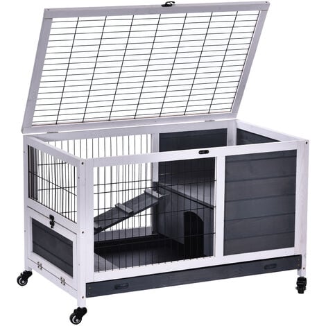 PawHut Wooden Rabbit Hutch Portable Indoor Guinea Pigs House Bunny Small Animal Cage Openable Roof Enclosed Run 90 x 53 x 59 cm