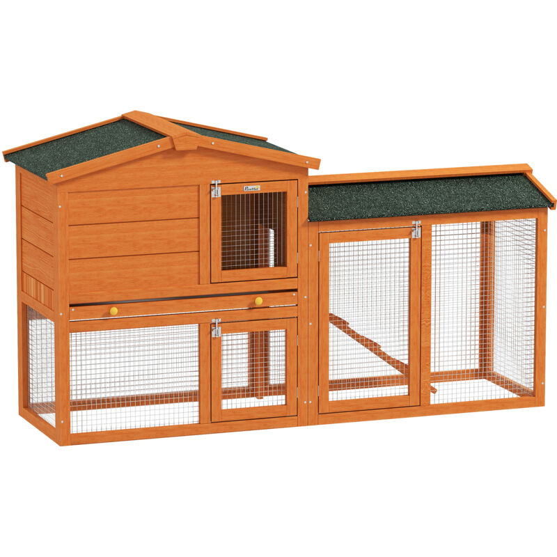 Pawhut - Rabbit Hutch, Guinea Pig Hutch 2 Tier w/ Run & Tray, Asphalt Roof