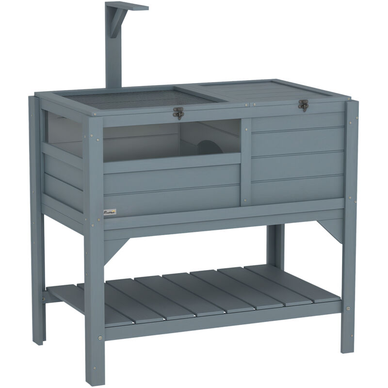 Pawhut - Wooden Tortoise House w/ Run, Shelter, Shelf, Lamp Holder, Grey