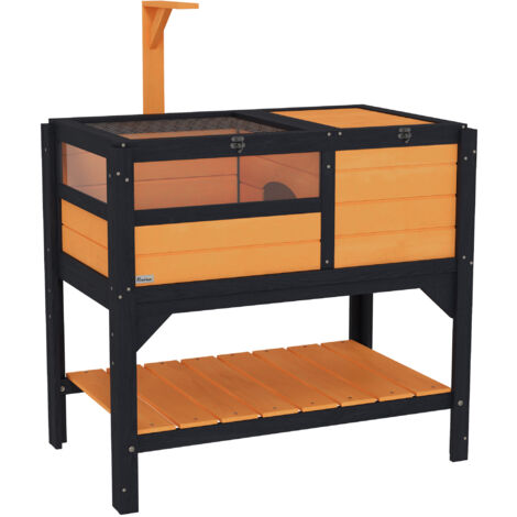 PawHut Wooden Tortoise House w/ Run, Shelter, Shelf, Lamp Holder, Yellow