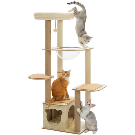 PAWZ Road Arbre à Chat 135 cm en Bois Solide avec Griffoirs Sisal, Hamac Acrylique et Coussin Amovible, Beige