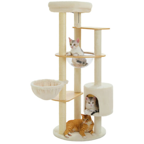 PAWZ Road Arbre à Chat 136 cm en Bois, Multi-Niveaux et Stable avec Hamac Suspendu, Nid Acrylique et Maisonette, Beige