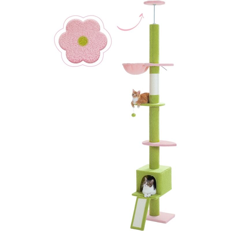 Arbre à Chat au Plafond avec Hamac & Condo & Ceinture Anti-Chute,Ajustable 216-273 cm, Vert et Rose - Pawz Road