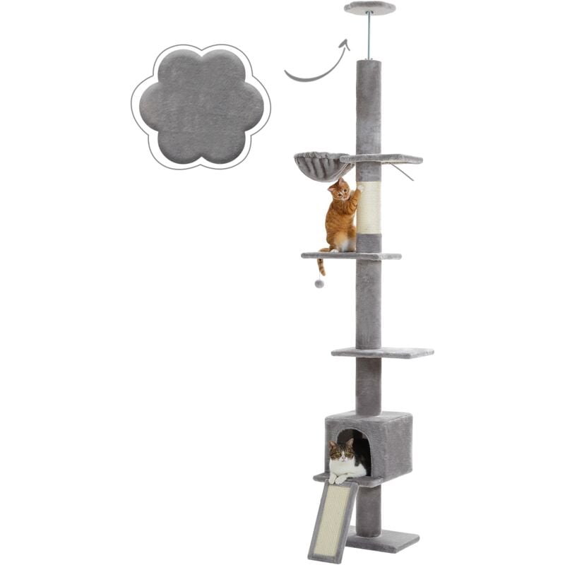 Arbre à Chat au Plafond avec Hamac & Condo & Ceinture Anti-Chute,Ajustable 216-273 cm, Gris - Pawz Road