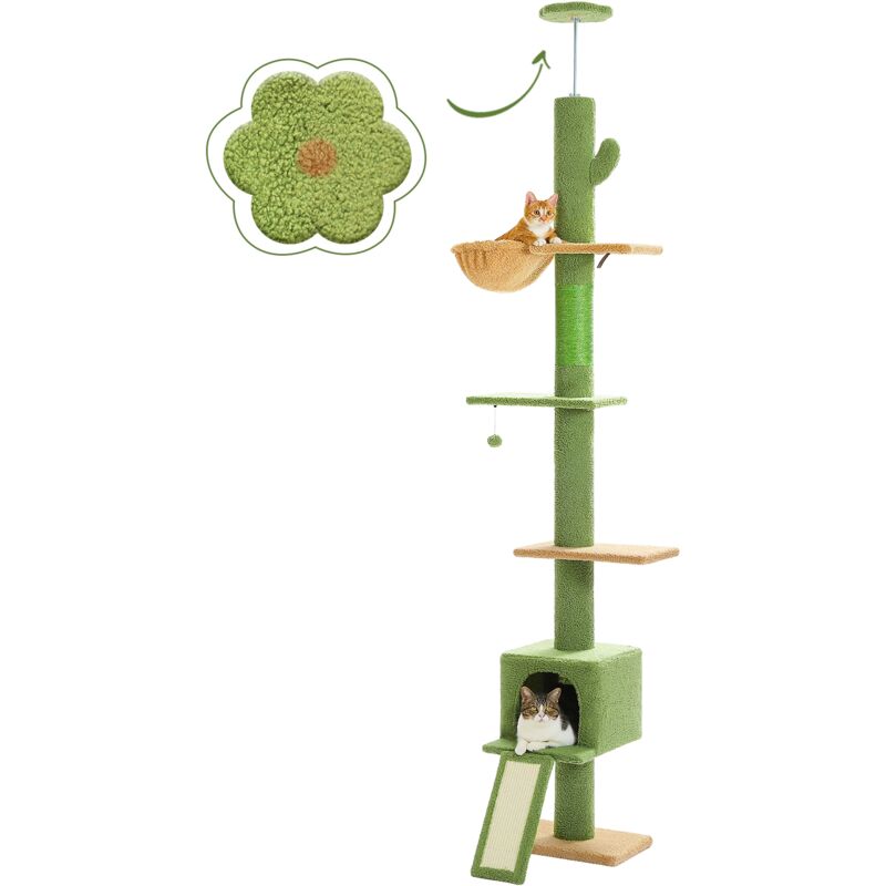 Arbre à Chat Cactus au Plafond avec Hamac & Condo & Ceinture Anti-Chute,Ajustable 216-273 cm, Vert - Pawz Road